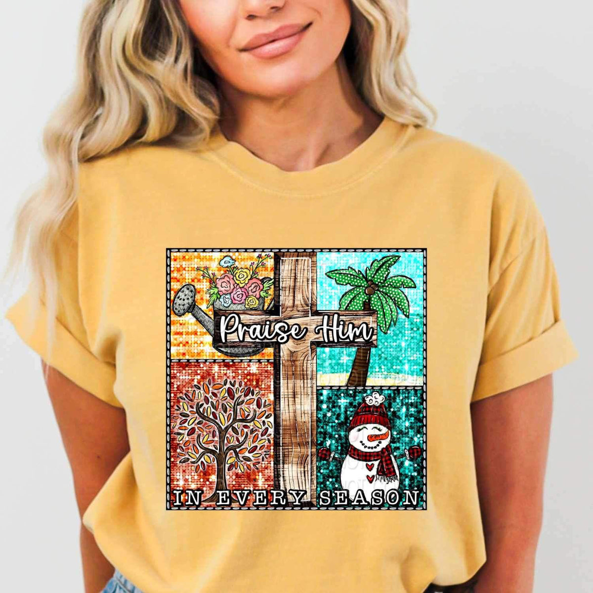 Praise himin every season (cross, water can, snowman, tree) 16699 DTF Transfer