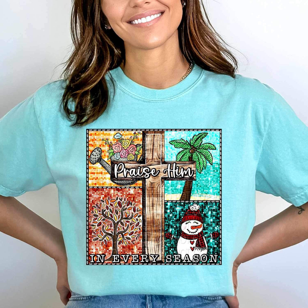 Praise himin every season (cross, water can, snowman, tree) 16699 DTF Transfer