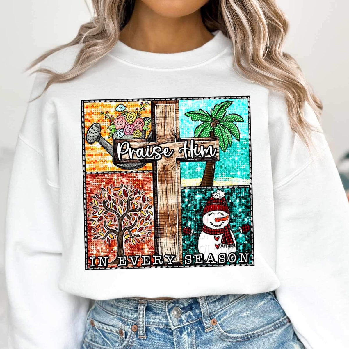 Praise himin every season (cross, water can, snowman, tree) 16699 DTF Transfer