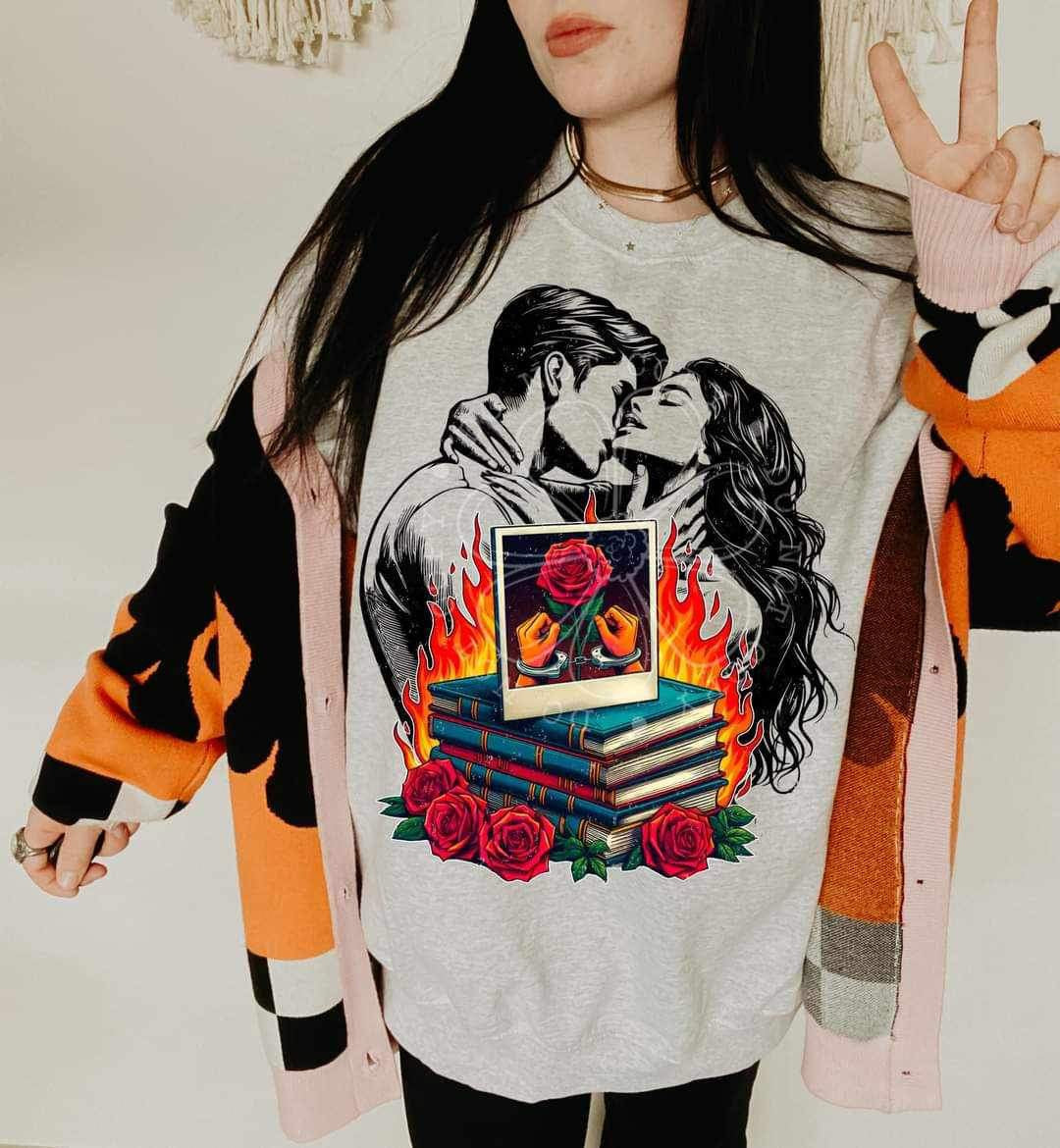 Couple with stack of burning books (LYTTLE) 26414 DTF transfer