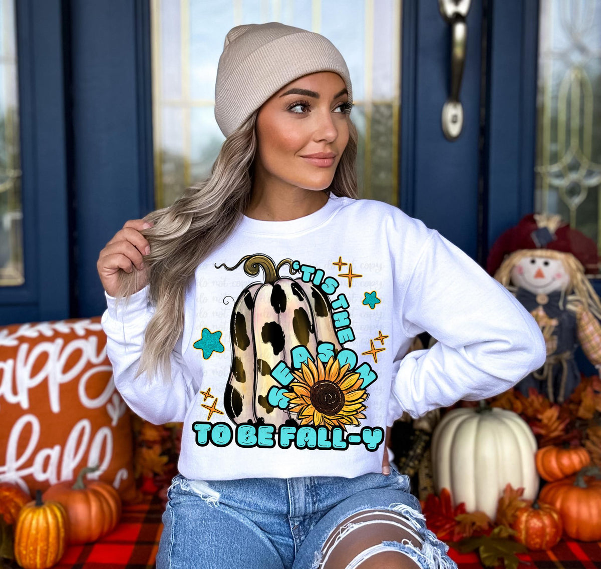 Tis the season to be fall-y teal font cowhide pumpkin 36381 DTF transfer