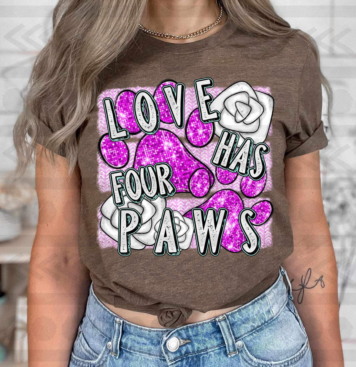 Love has four paws (purple with sequin paw prints) 16775 DTF Transfer
