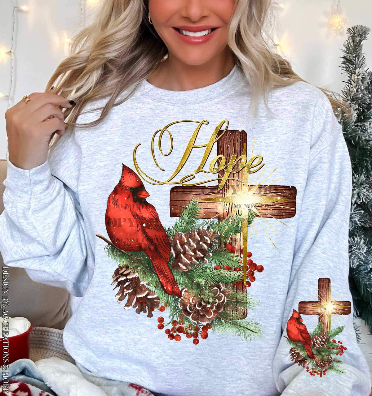 cross, red bird, pine cones SLEEVE 16763 DTF Transfer