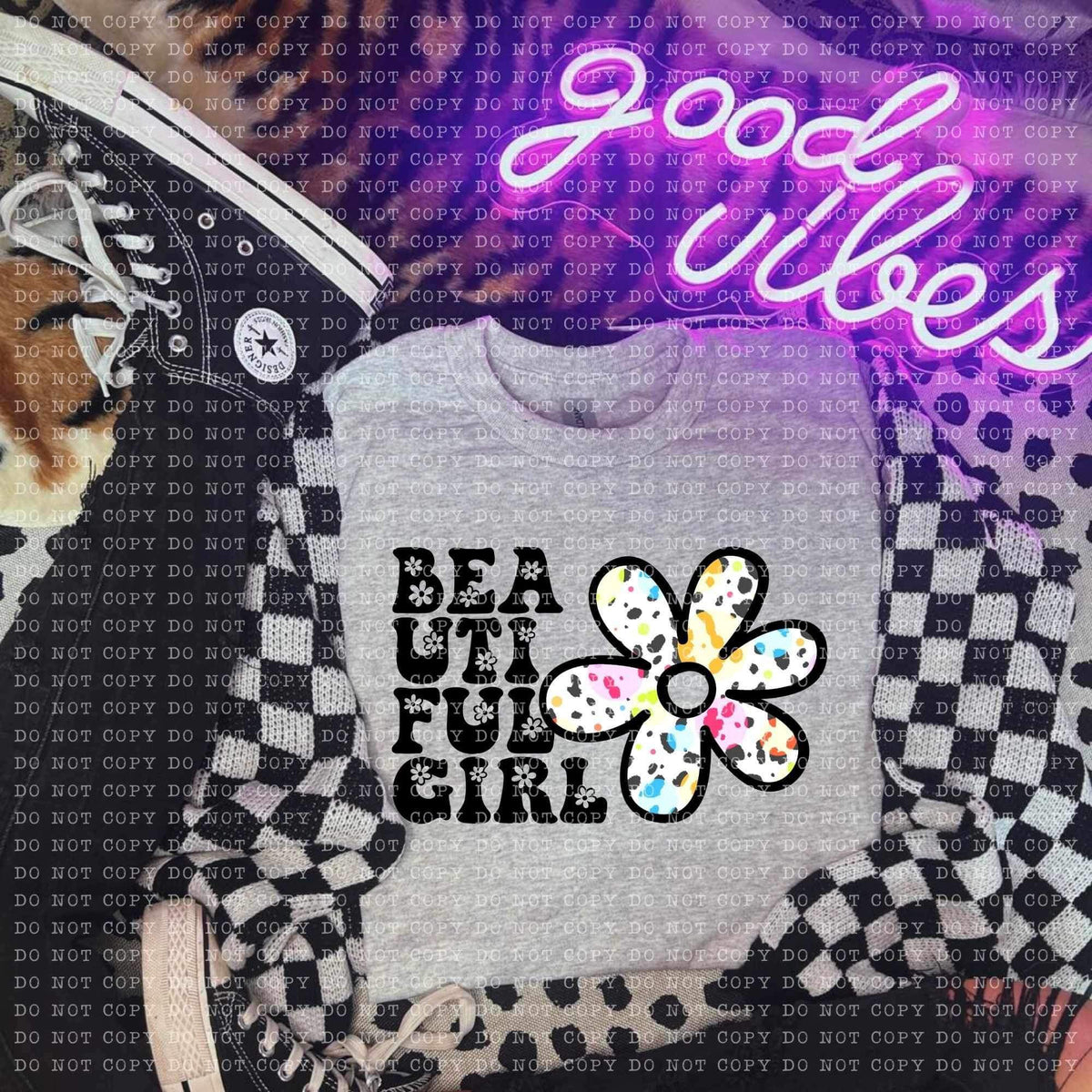 Beautiful girl black with colorful flower (ECHT) 26443 DTF transfer