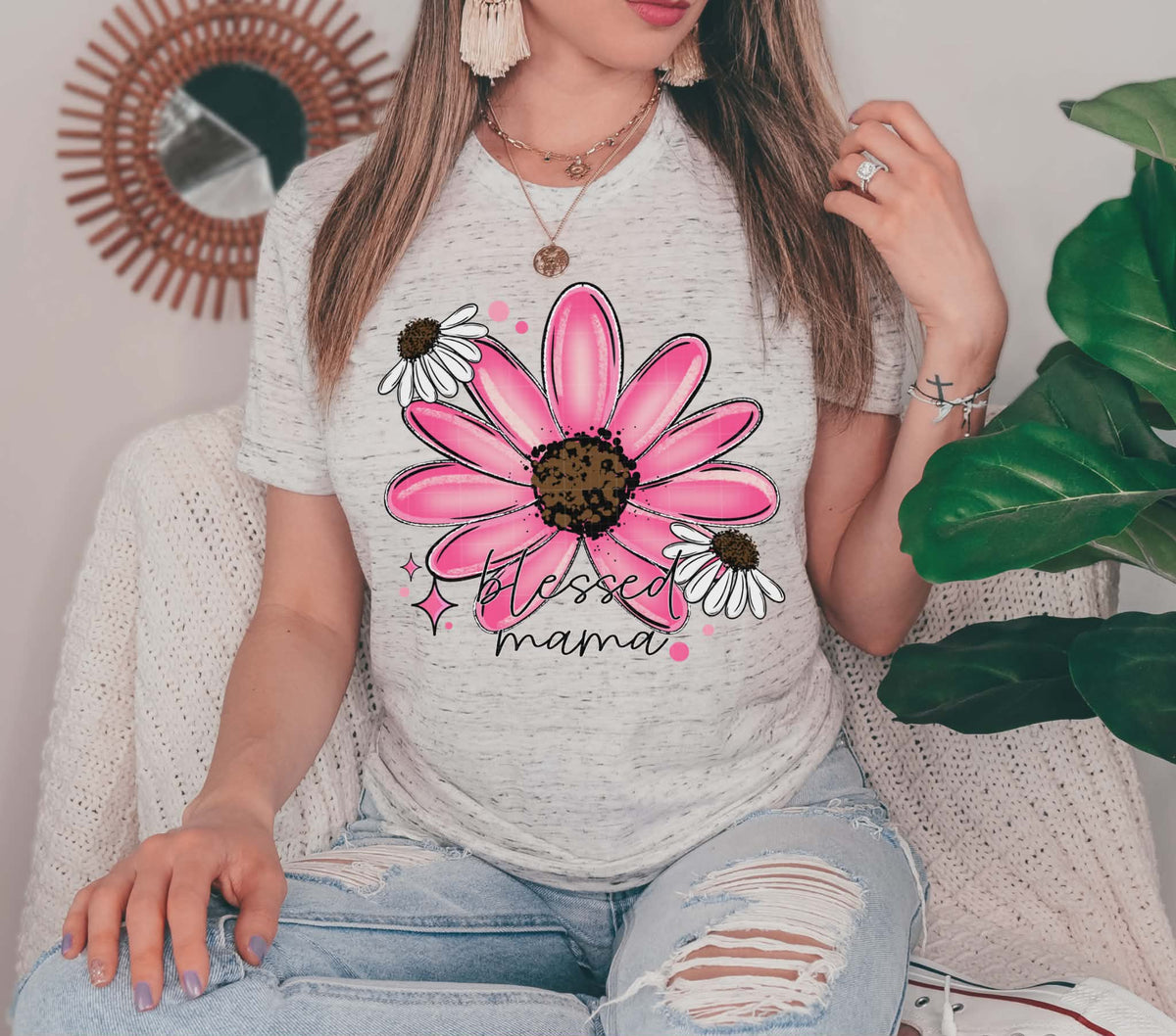 Blessed Mama pink flower (Linda) DTF Transfer