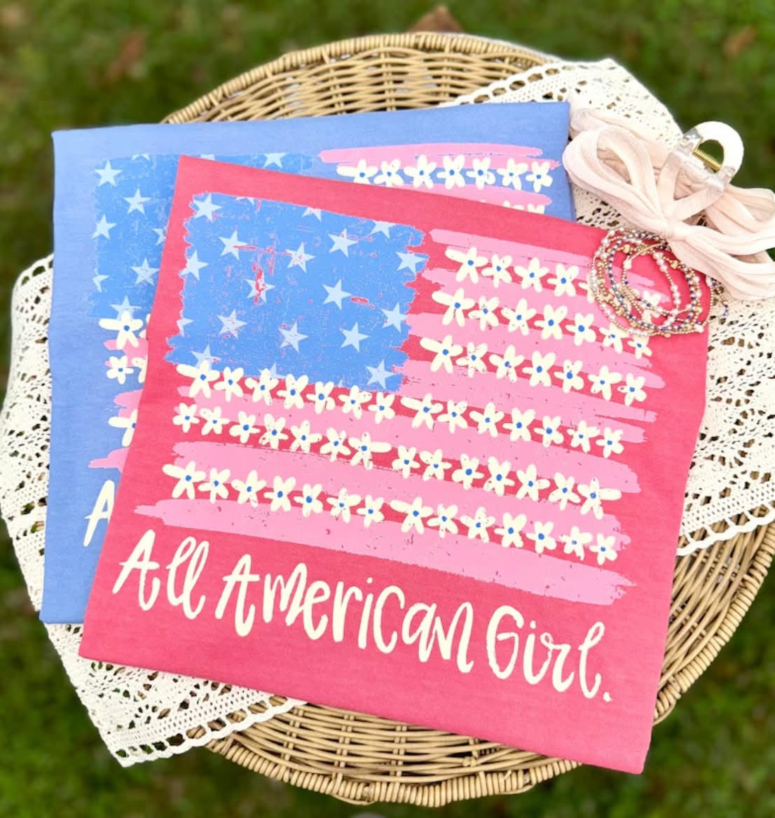 All American girl floral flag DTF transfer