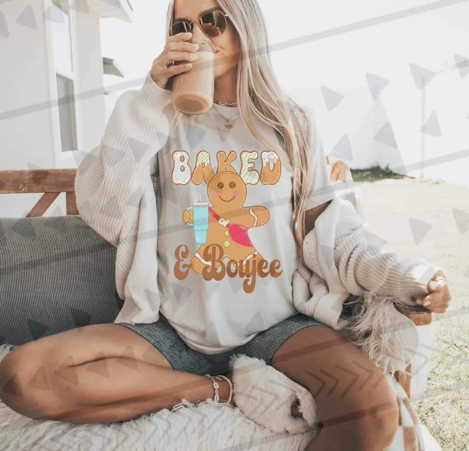 Baked and Boujee gingerbread man with blue cup 16870 DTF Transfer