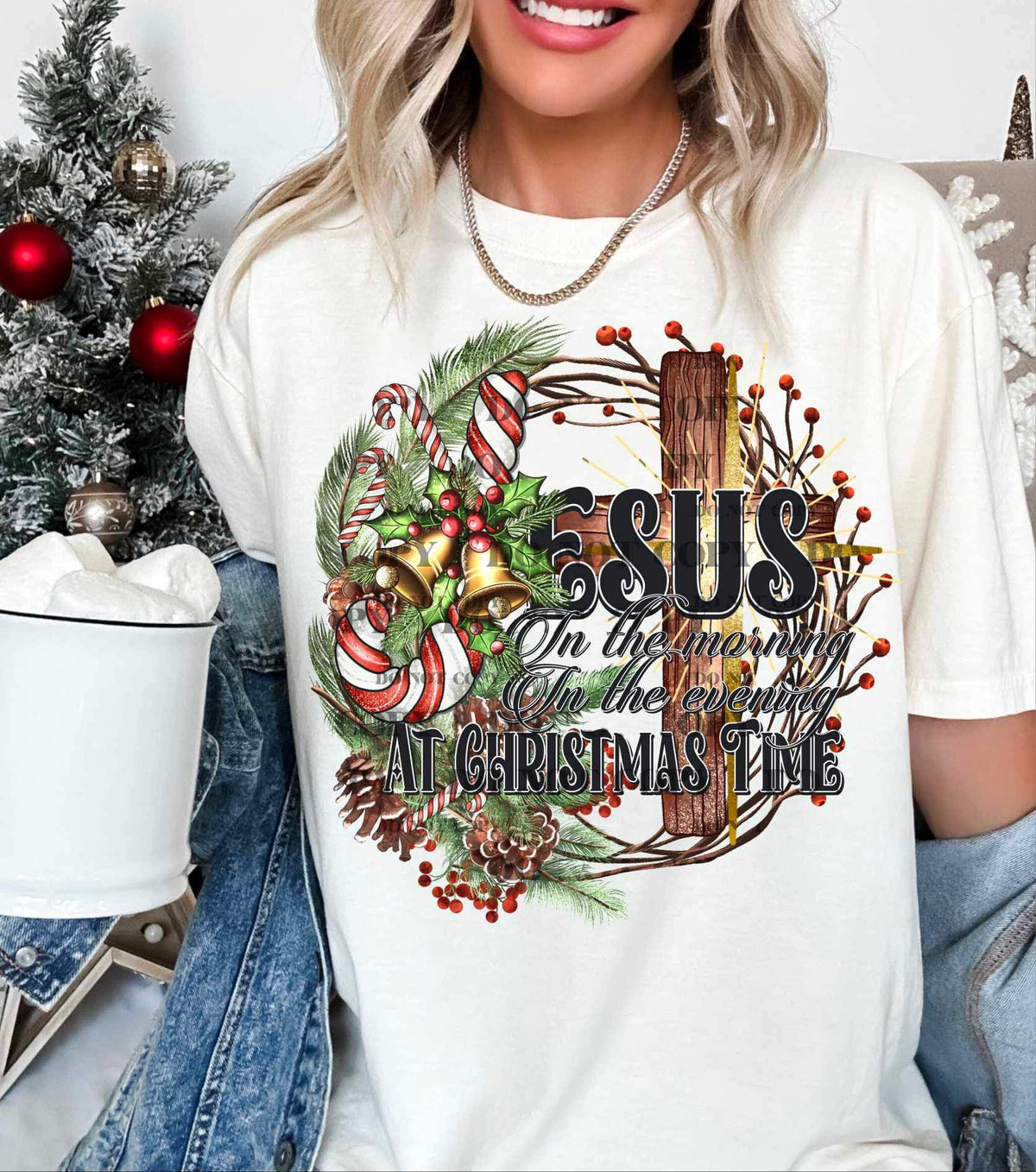 Jesus in the morning in the evening at Christmas time (cross in wreath) 16909 DTF Transfer