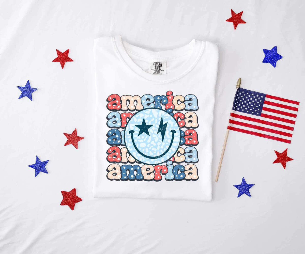 America stacked blue happy face 26604 DTF transfer