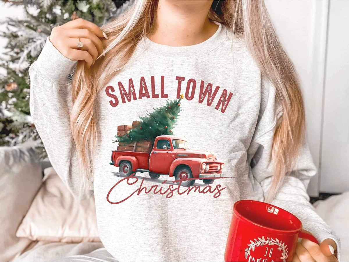 Small town Christmas red truck and tree 16925 DTF Transfer
