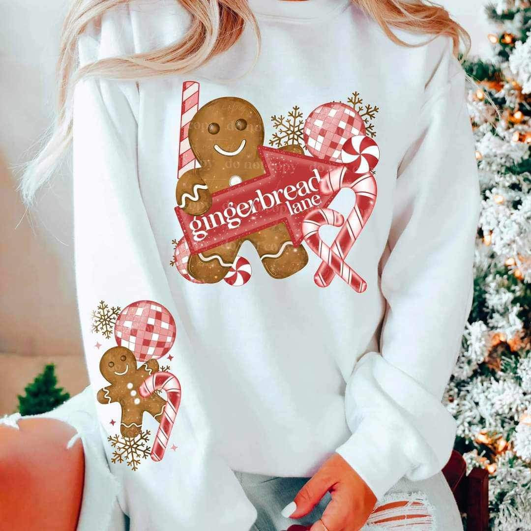 Gingerbread lane (gingerbread holding sign) FRONT 16980 DTF Transfer