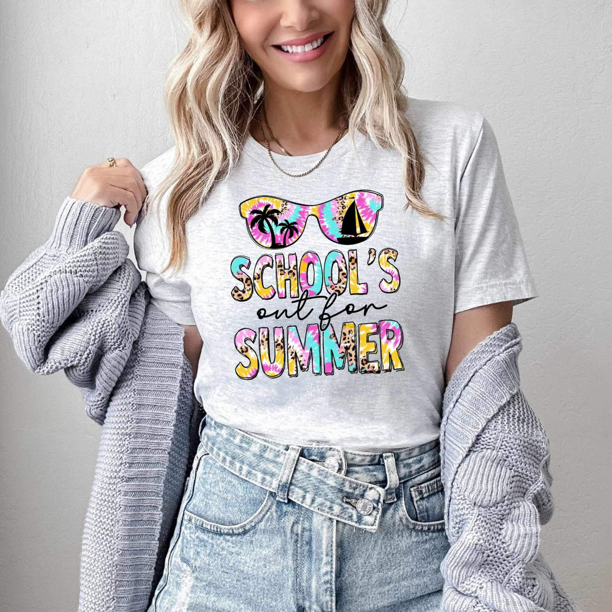 Schools out for summer tie dye and leopard 26557 DTF transfer