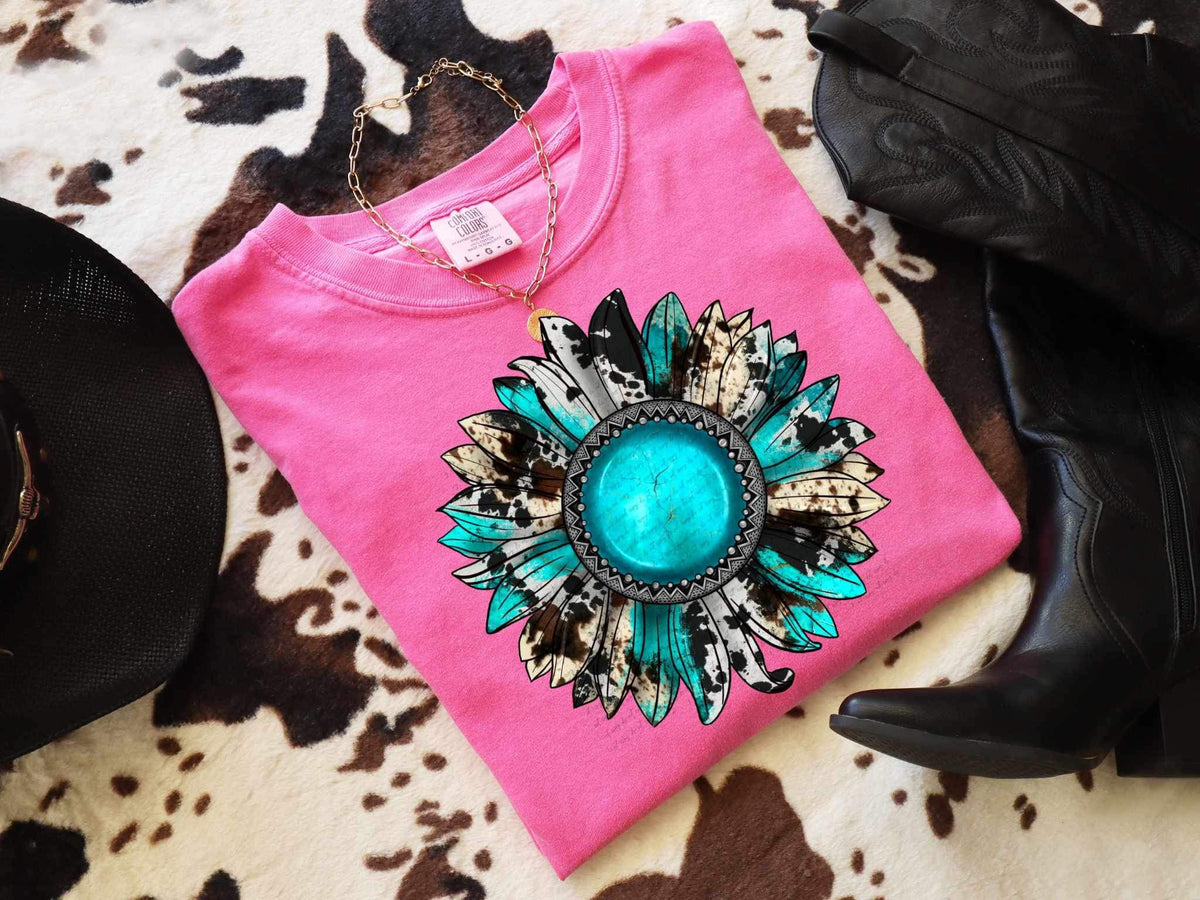 Turquoise and cowprint sunflower 26626 DTF transfer