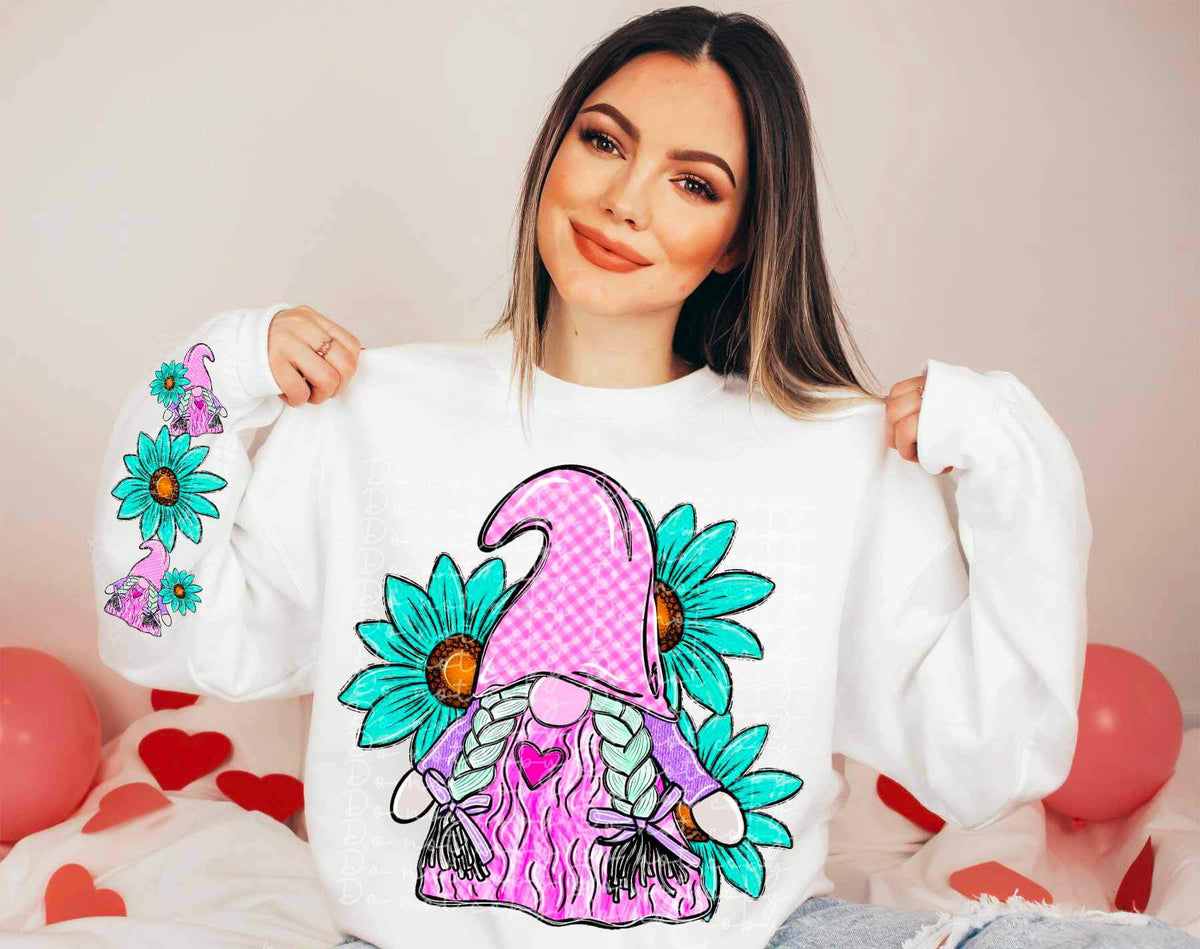 Pink gnome with blue flowers 16966 DTF Transfer