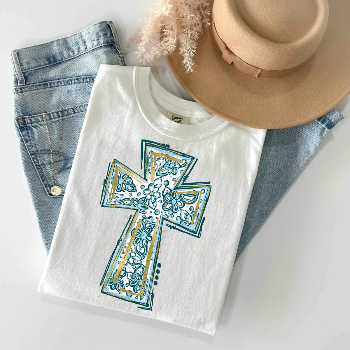 Cross blue floral filled 26651 DTF transfer