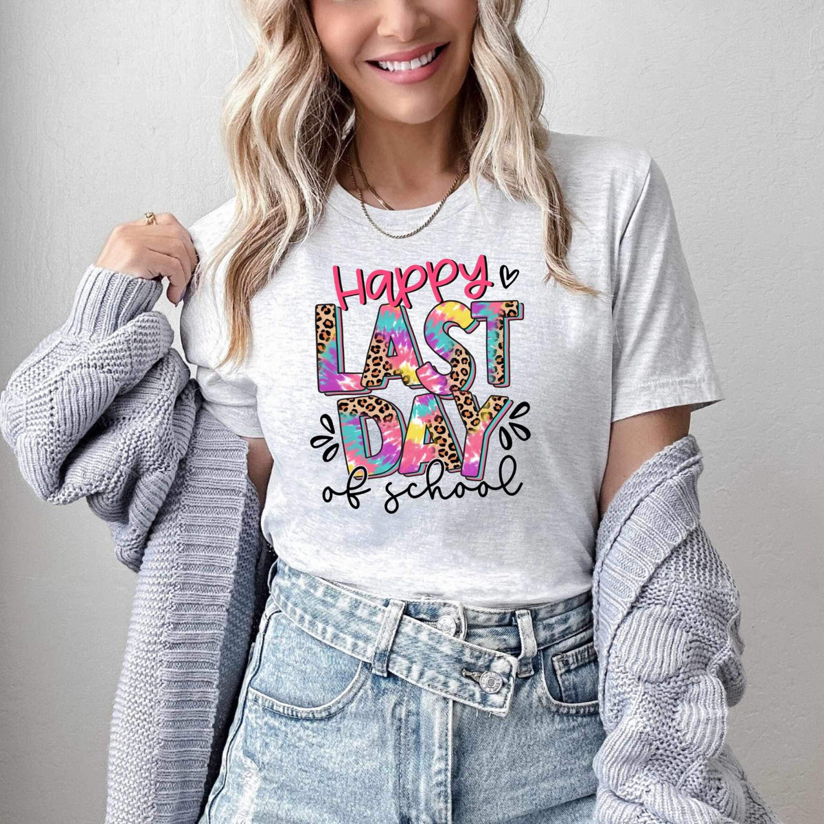 Happy last day of school tie dye and leopard font 26537 DTF transfer