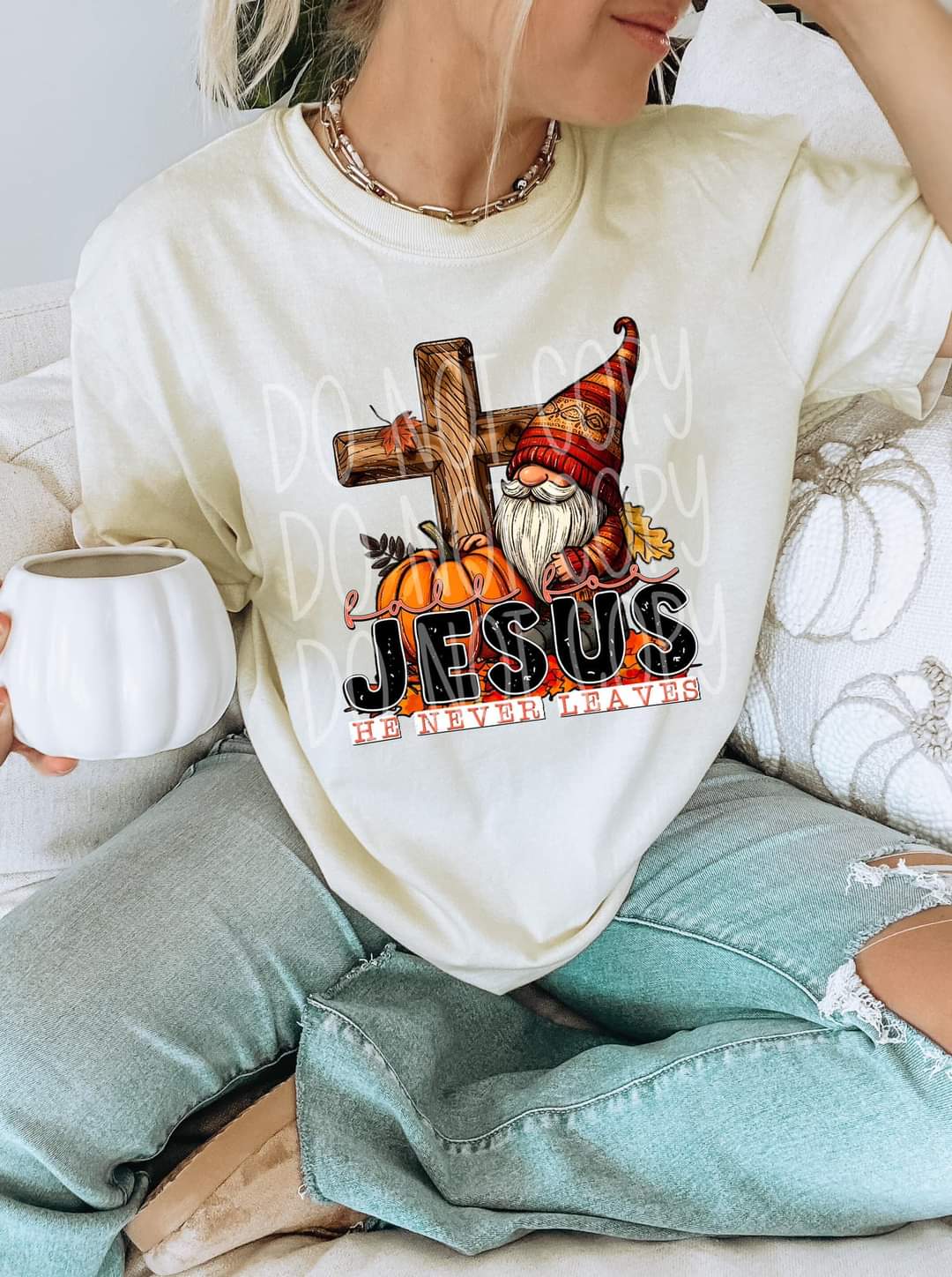 Fall for jesus he never leaves cross and gnome 36716 DTF transfer