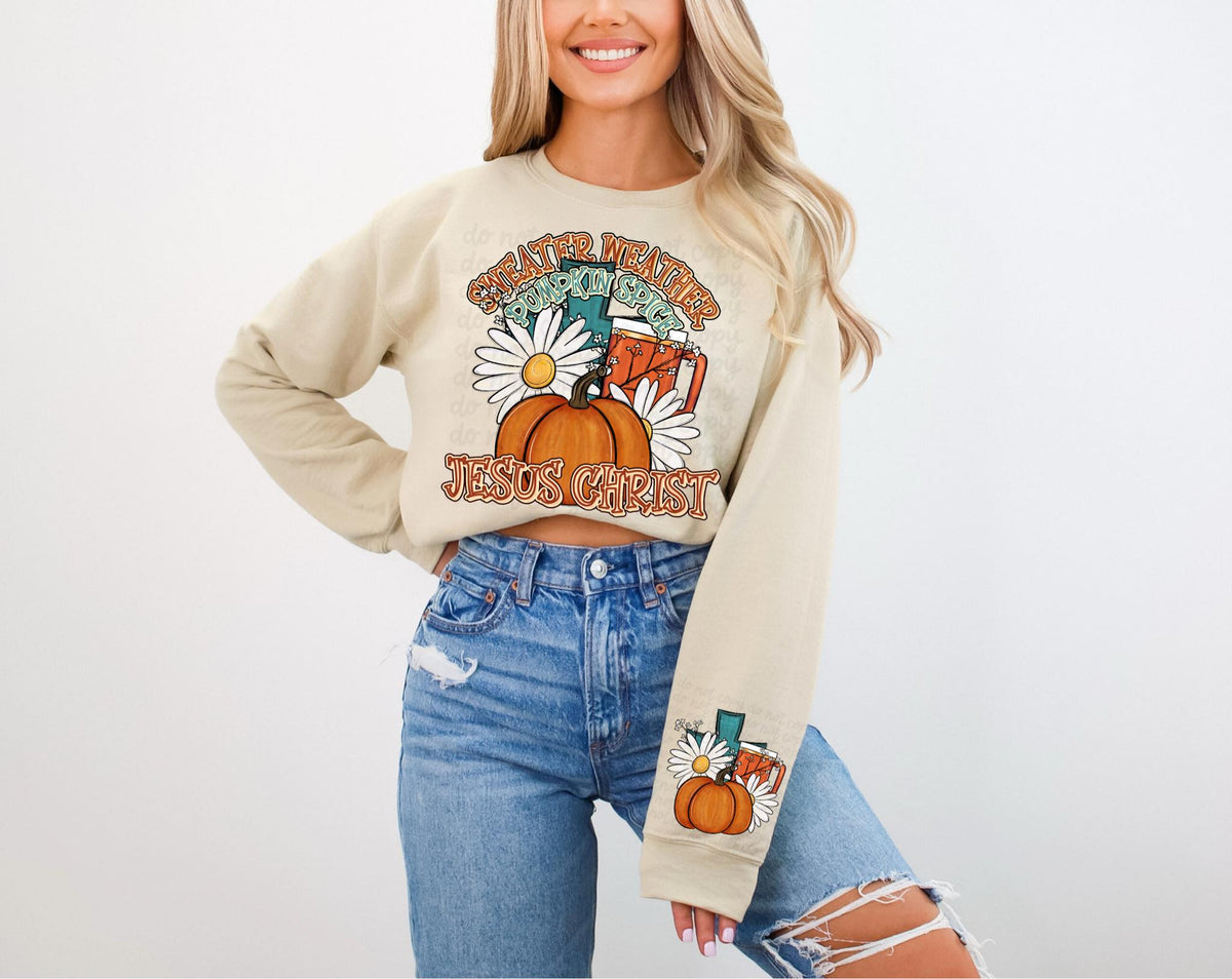 Sweater weather pumpkin spice jesus christ (teal cross, pumpkin, cup) FRONT ONLY 36717 DTF transferit