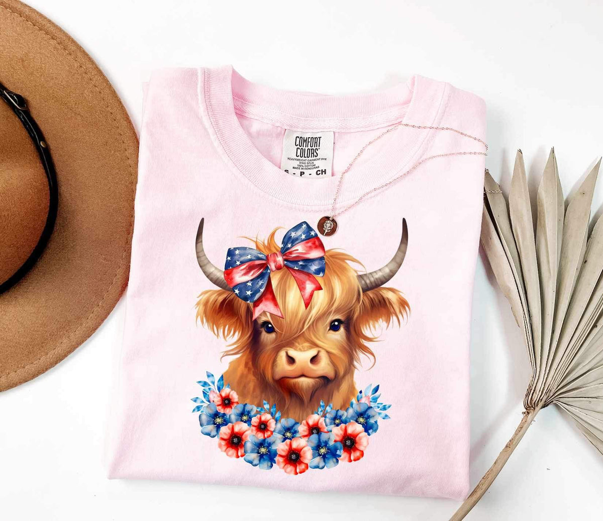 Shaggy cow with red and blue bow and flowers 26565 DTF transfer