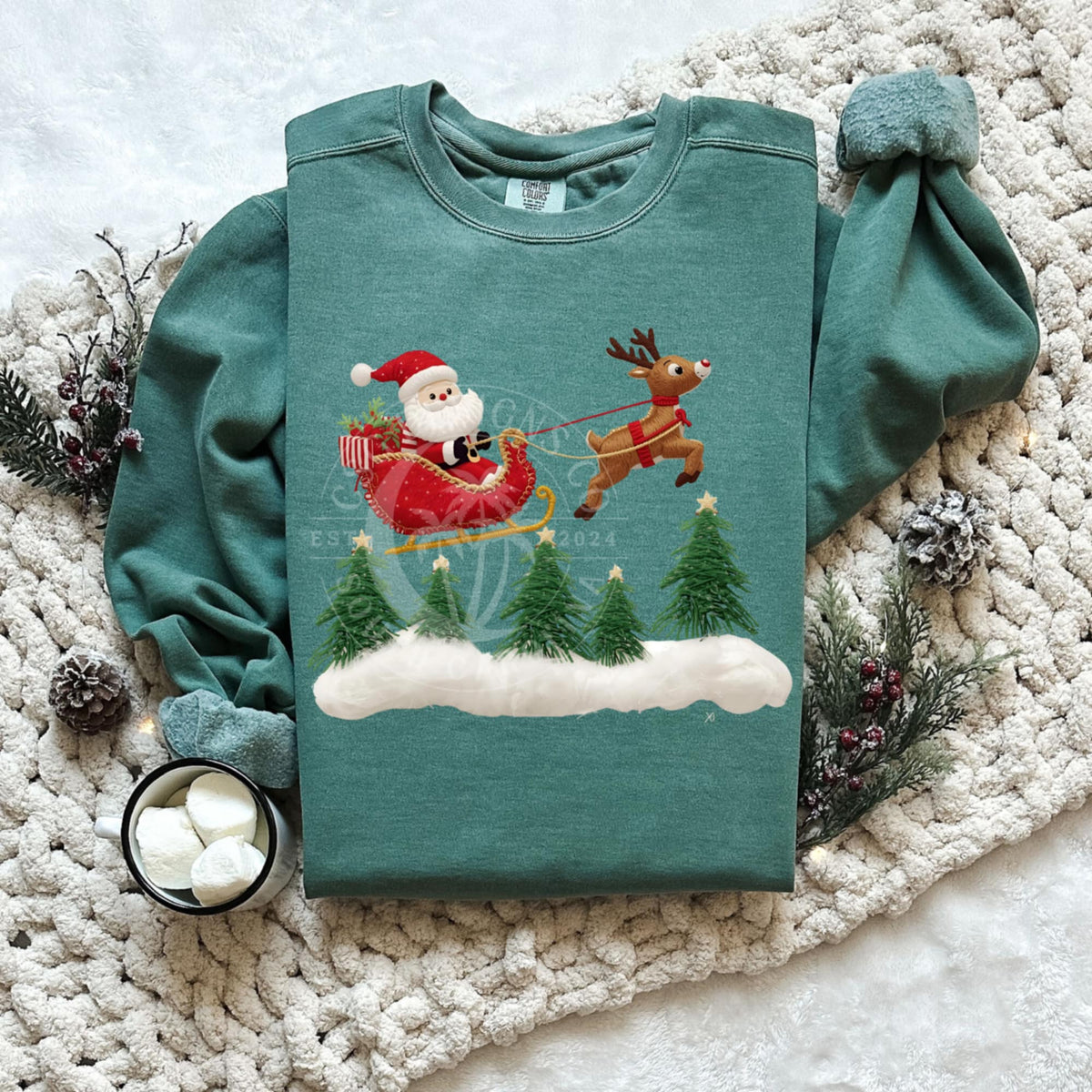 Faux Yarn Santa and reindeer flying (CSG) DTF transfer