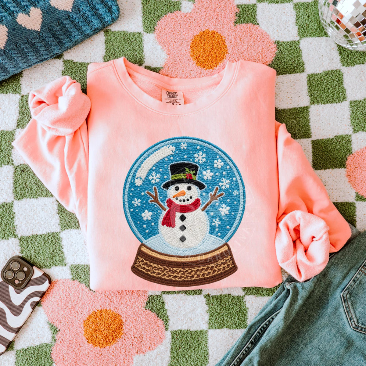 Faux Embroider Snowman in blue snow globe (CSG) DTF transfer