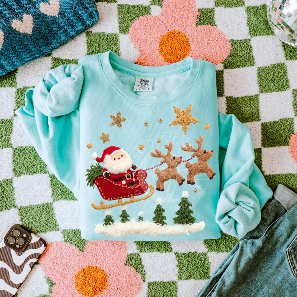faux Yarn Santa Sleigh and Flying Reindeer (CSG) DTF transfer