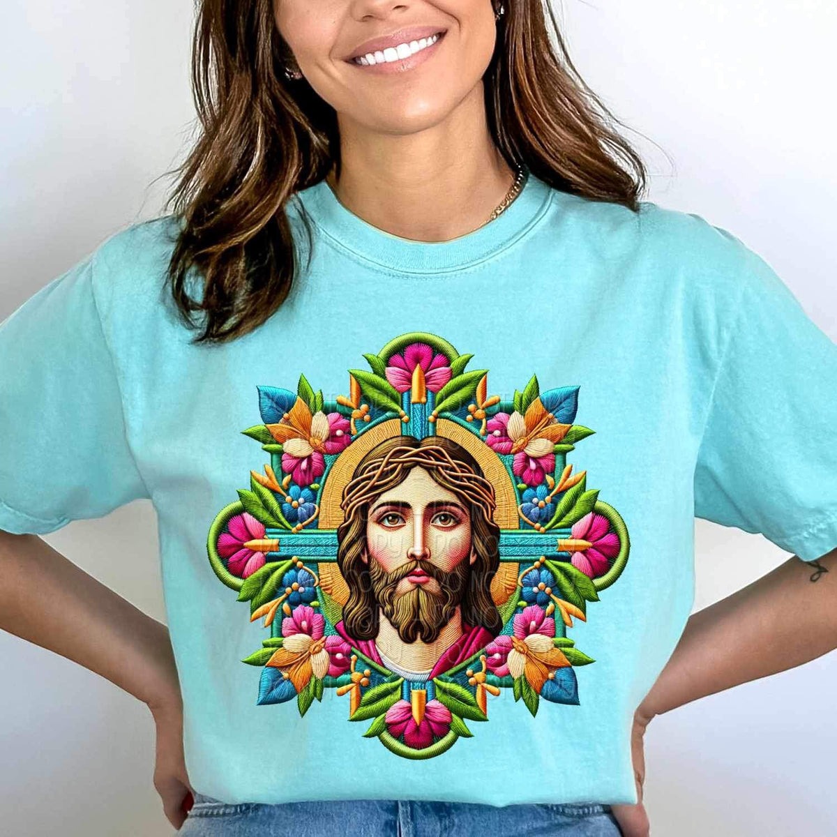 Jesus and flowers embroidery 26671 DTF transfer