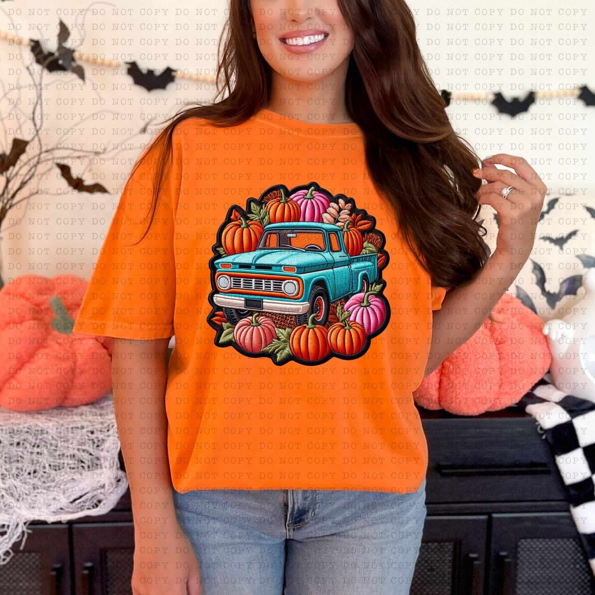 Teal truck orange and pink pumpkins (ECHT) 36775 DTF transfer