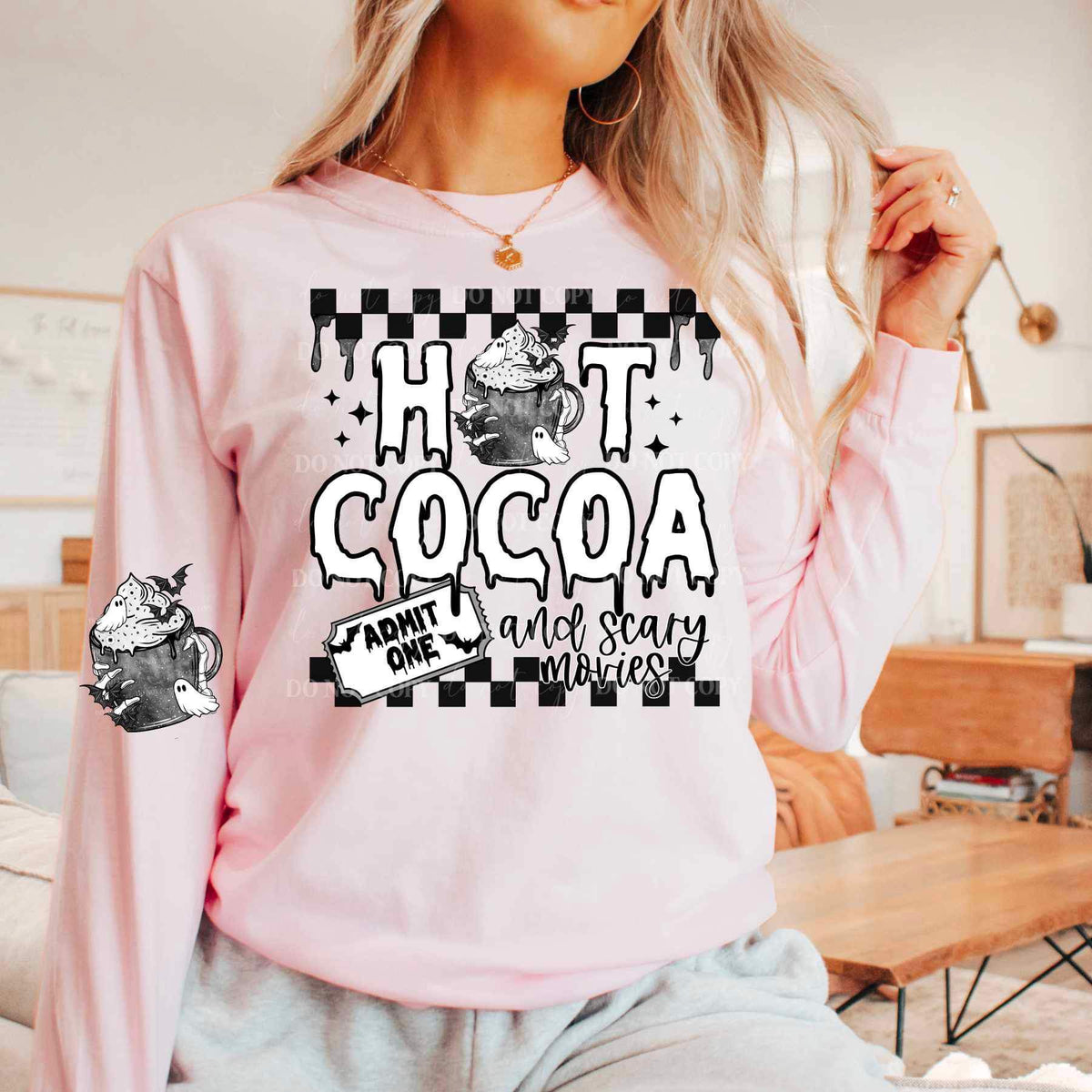 Hot cocoa and Christmas movies (checkered print, mug, ticket) 17018 DTF TRANSFER