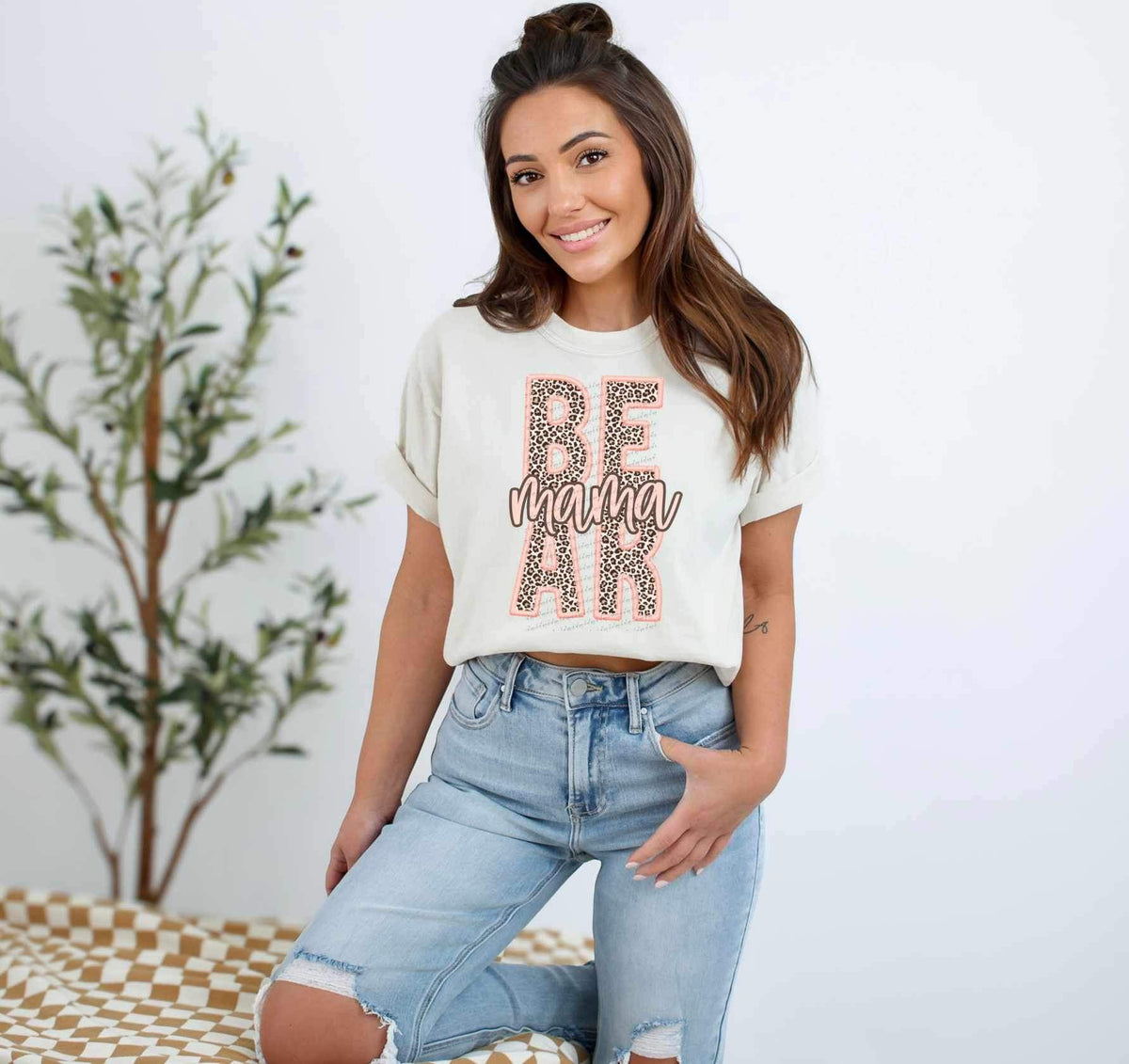 Mama bear leopard embroidery pink outline 26690 DTF transfer