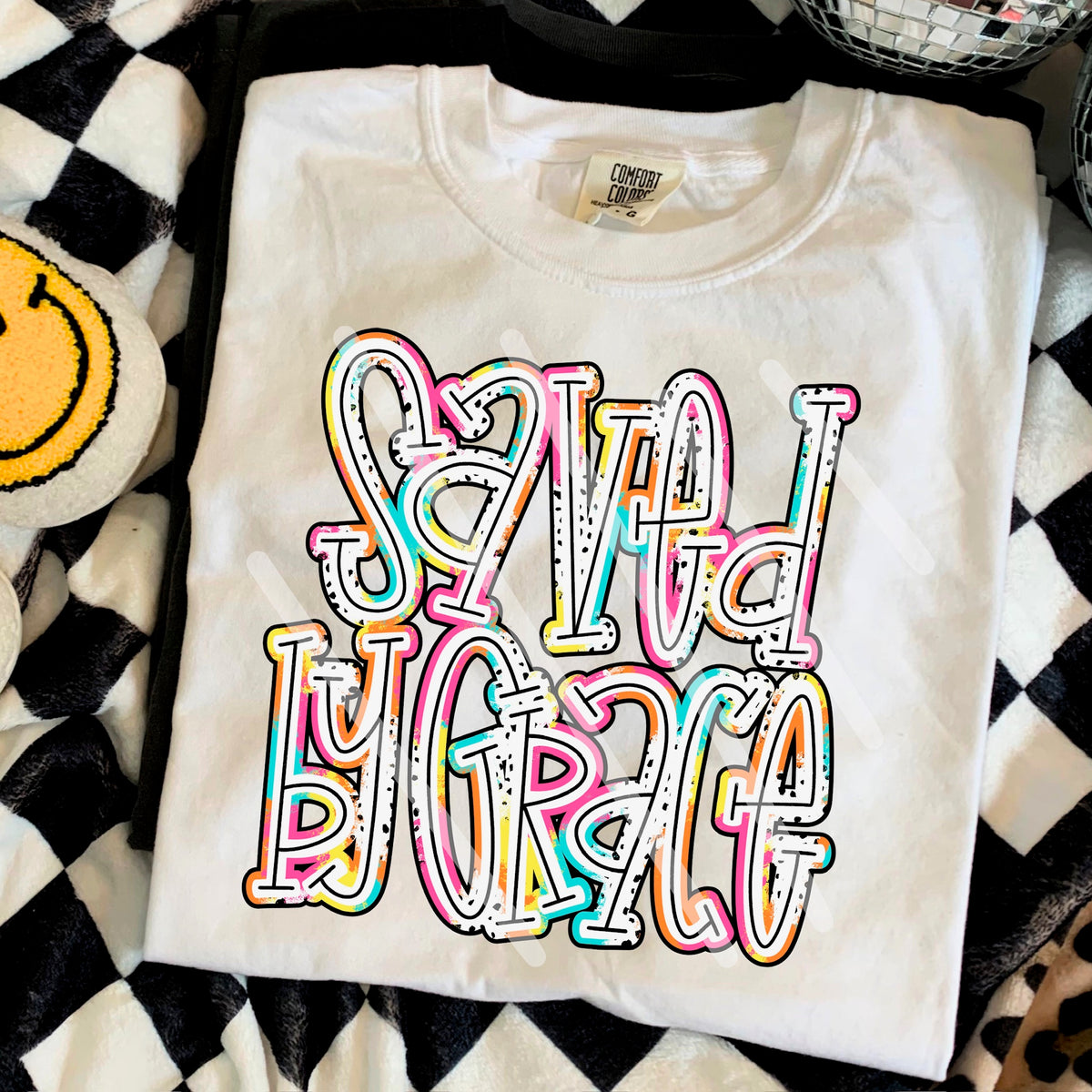 Saved By Grace (colorful Dalmatian font) 110659 DTF transfer