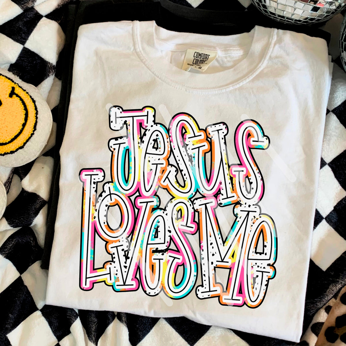 Jesus Loves Me (colorful Dalmatian font) 110642 DTF transfer