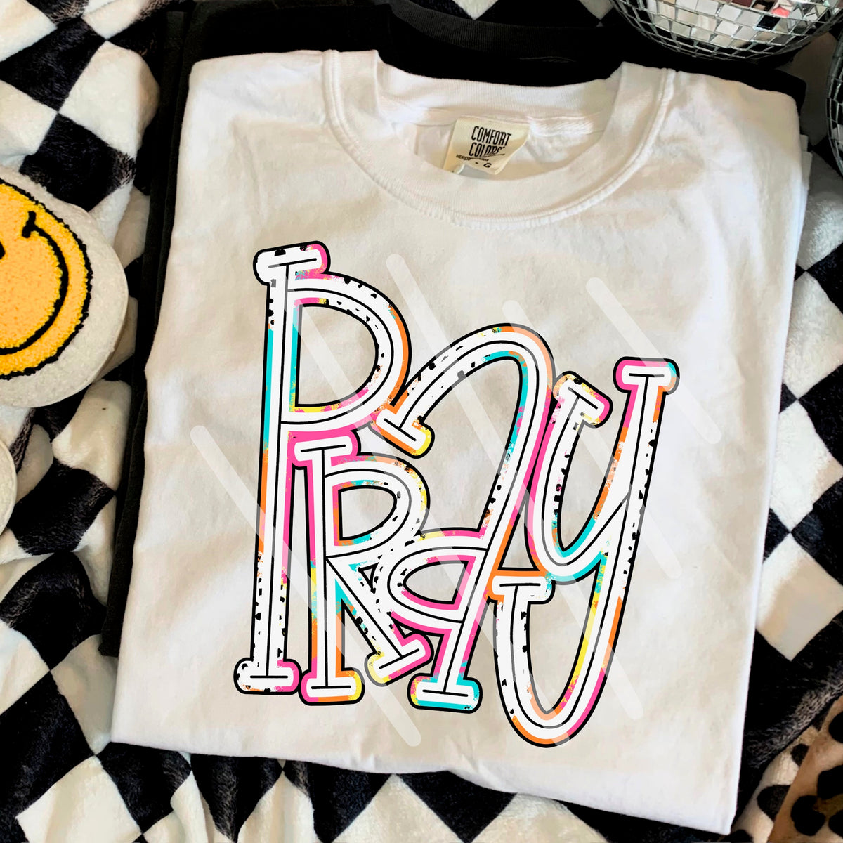 Pray (colorful Dalmatian font) 110639 DTF transfer