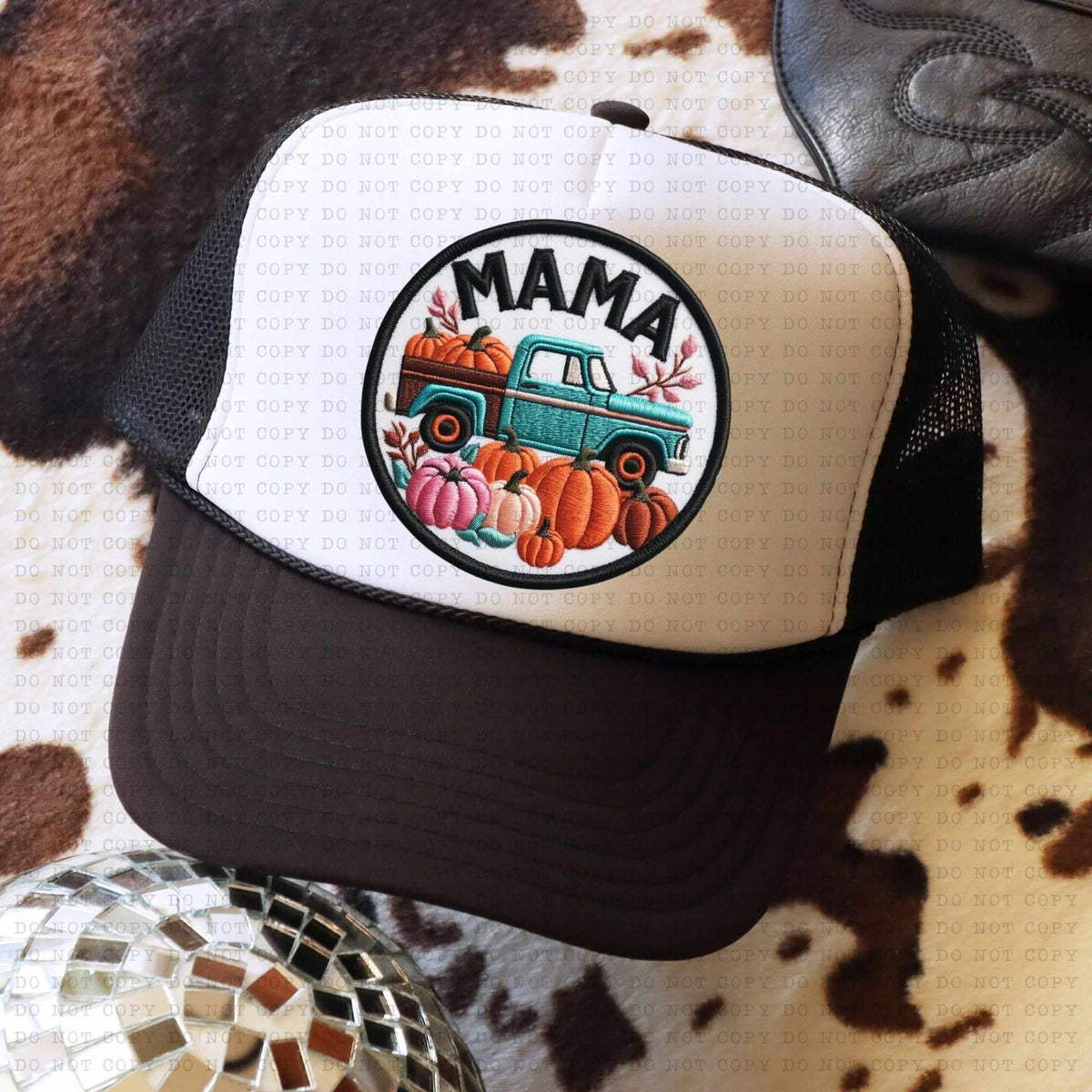 Mama teal truck and pumpkins hat patch 36814 DTF transfer