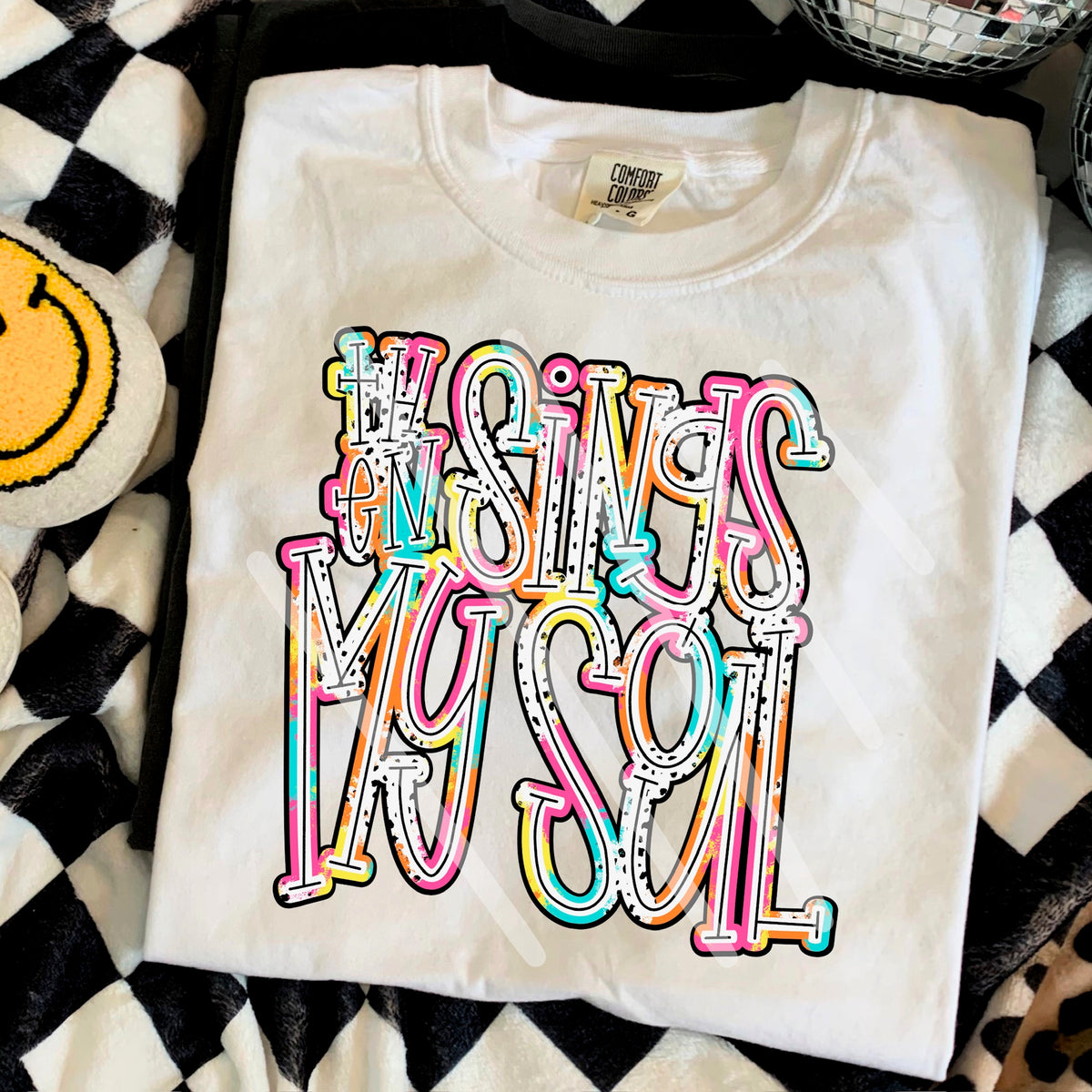 My Soul sings (colorful Dalmatian font) 110596 DTF transfer