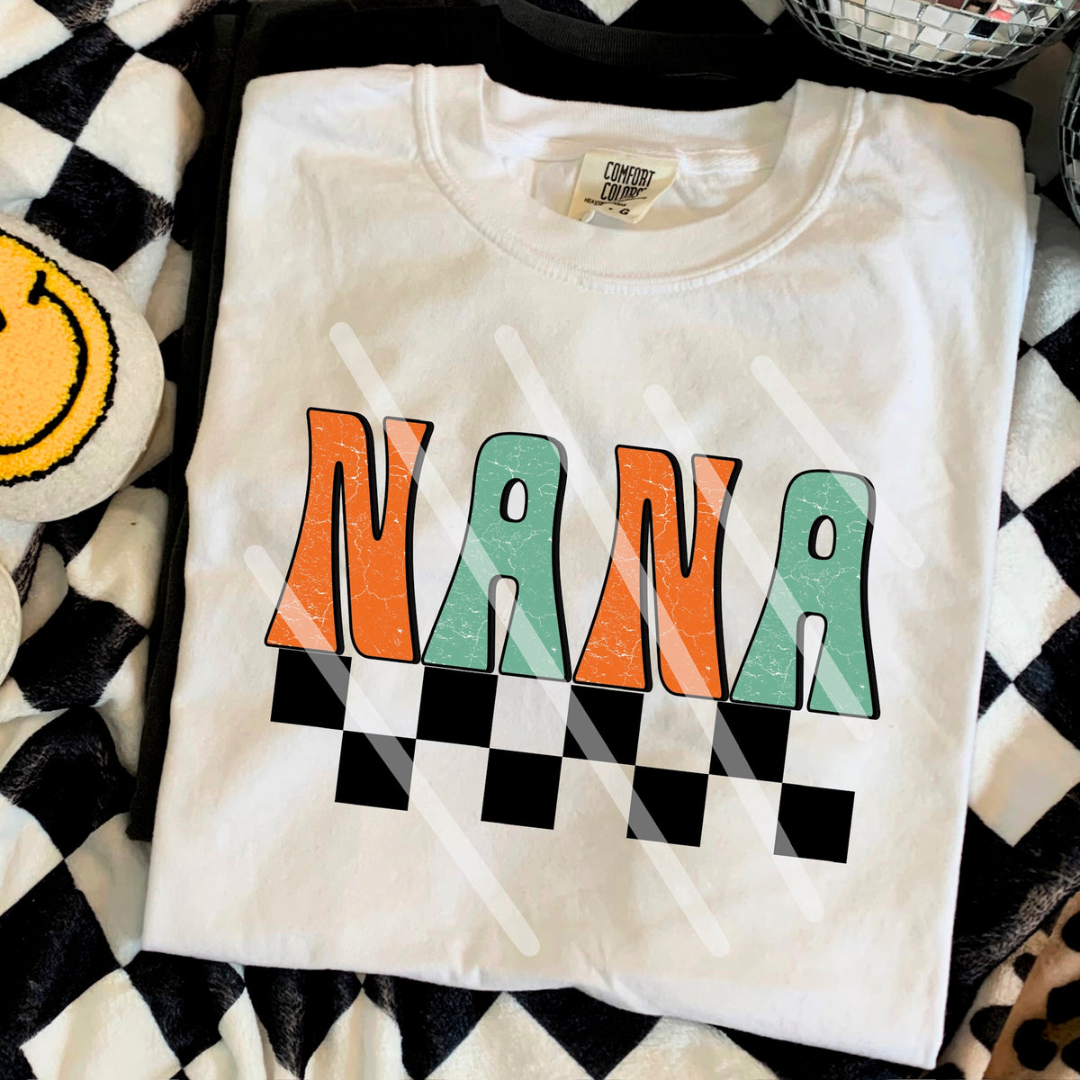 Nana Orange Teal Checker 110785 DTF transfer