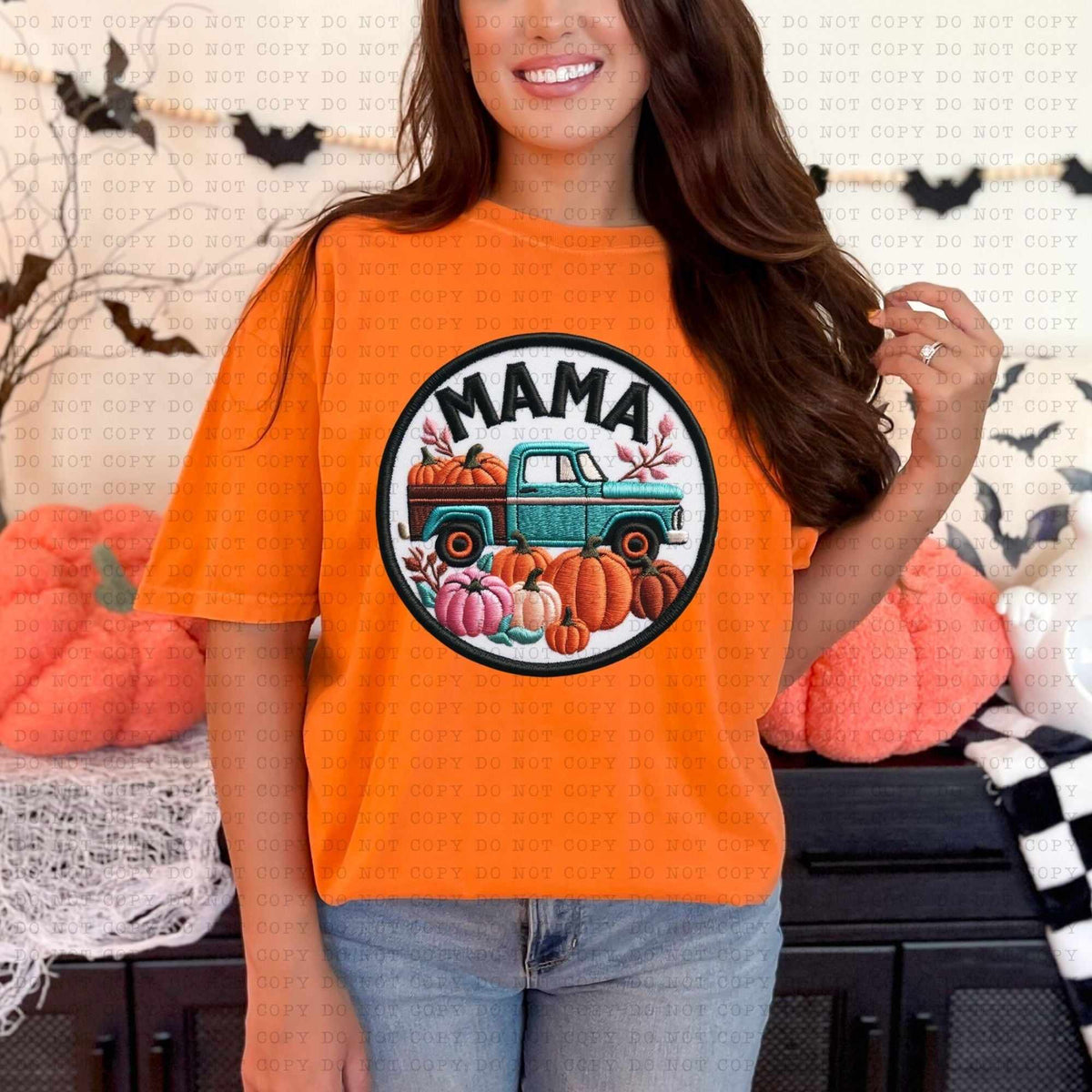 Mama teal truck and pumpkins hat patch 36814 DTF transfer