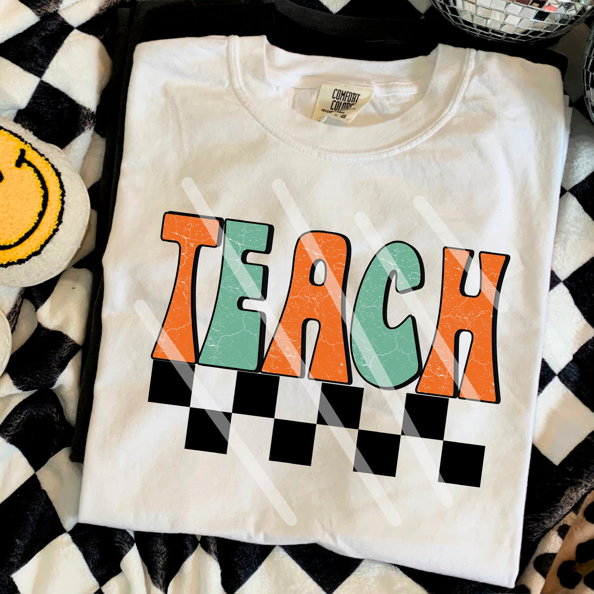 Teach Orange Teal Checker 110754 DTF transfer