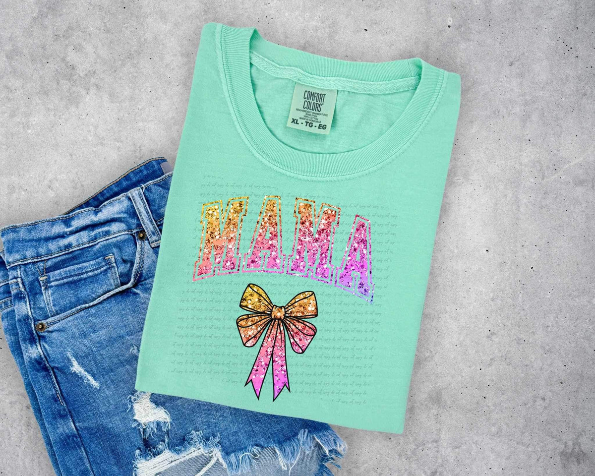 Mama yellow pink sequin with bow 26689 DTF transfer