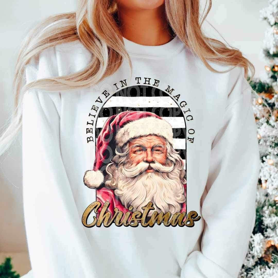 Believe in the magic of Christmas santa claus with striped background 17075 DTF TRANSFER