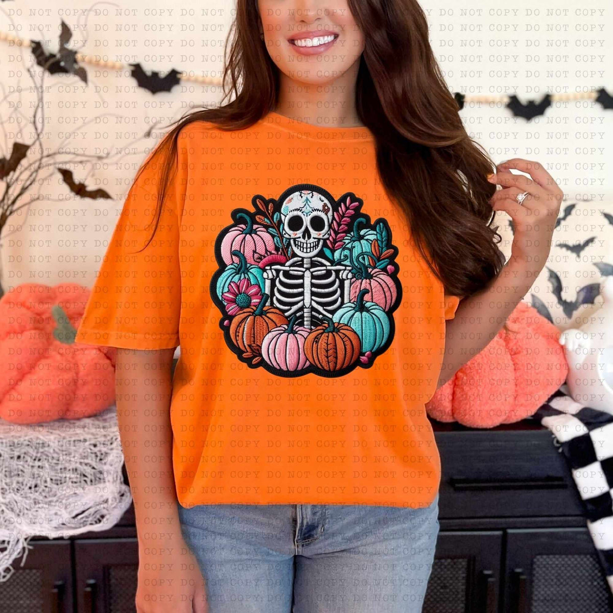 Skellie with pink, blue, orange pumpkins 36812 DTF transfer