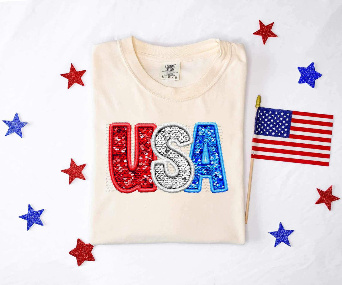 USA red white blue sequin embroidery 26696 DTF transfer