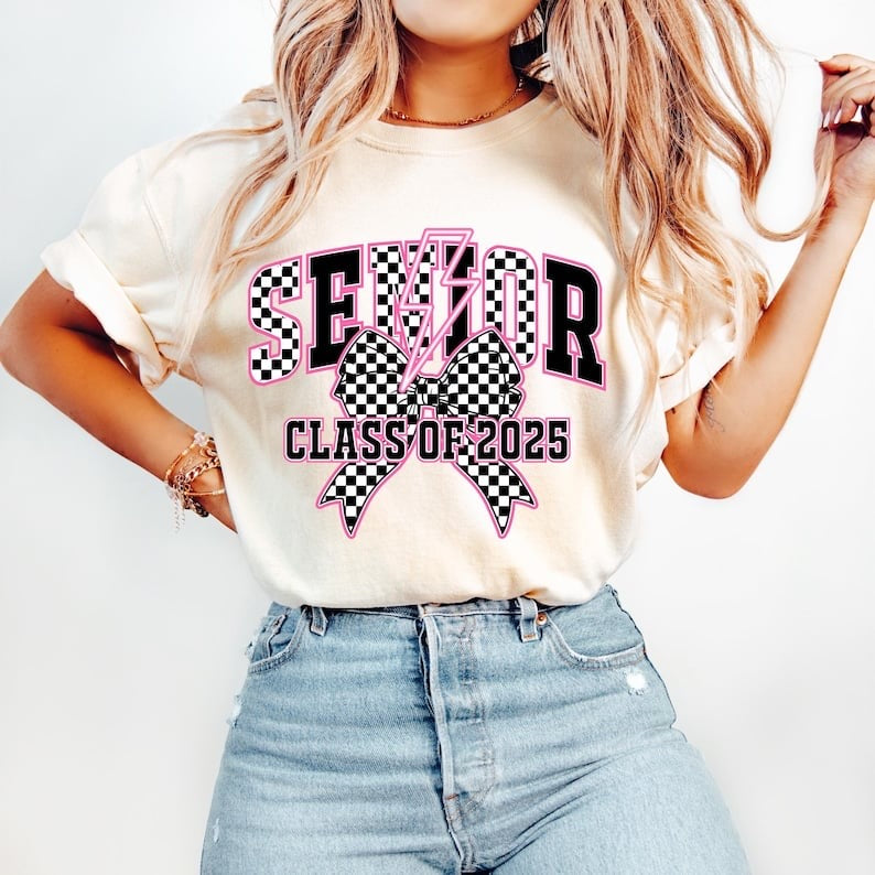 Senior class of 2025 checkered pink outline 58258 DTF transfer