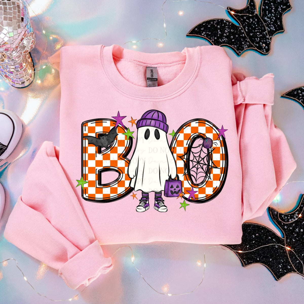 Boo orange checker and ghost beanie ABD DTF transfer