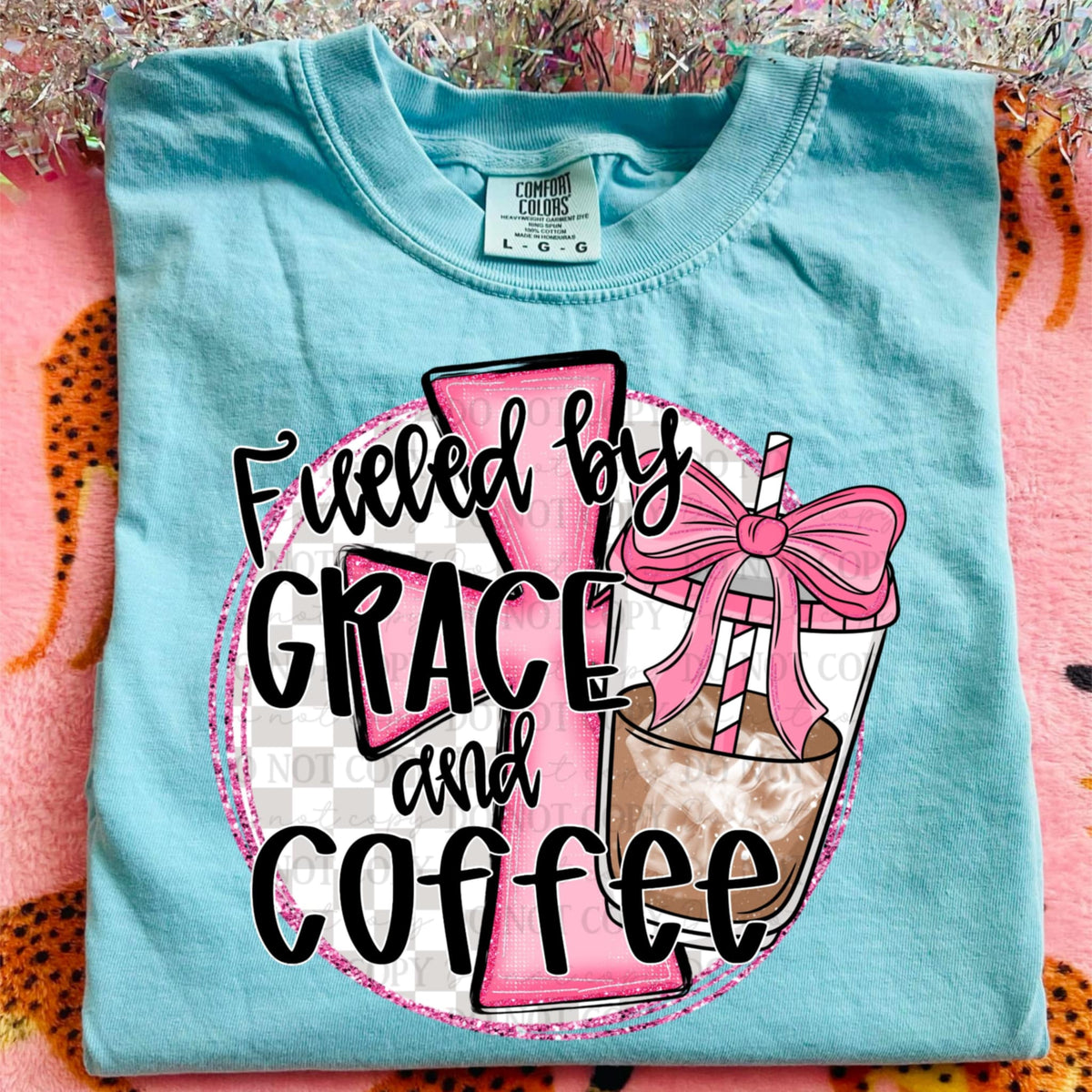 Fueled by Grace and Coffee pink cross and bow ABD DTF transfer