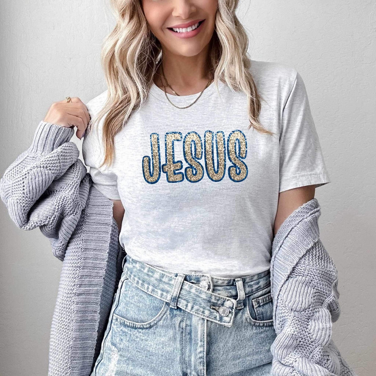 Jesus gold sequin blue outline 26673 DTF transfer