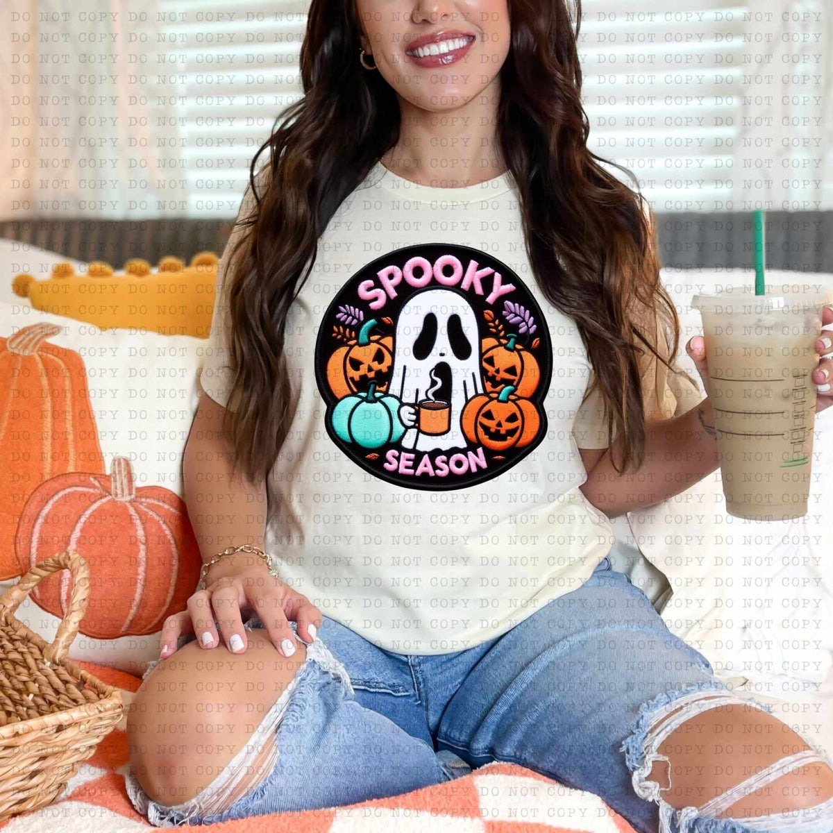 Spooky season ghost with jack-o-lanterns 36789 DTF transfer