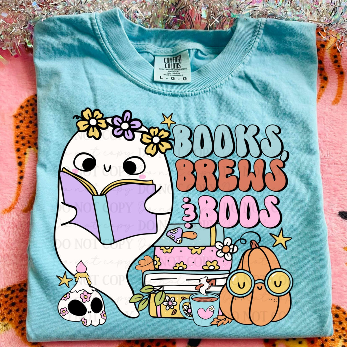 Books Brews and Boos flower ghost ABD DTF transfer