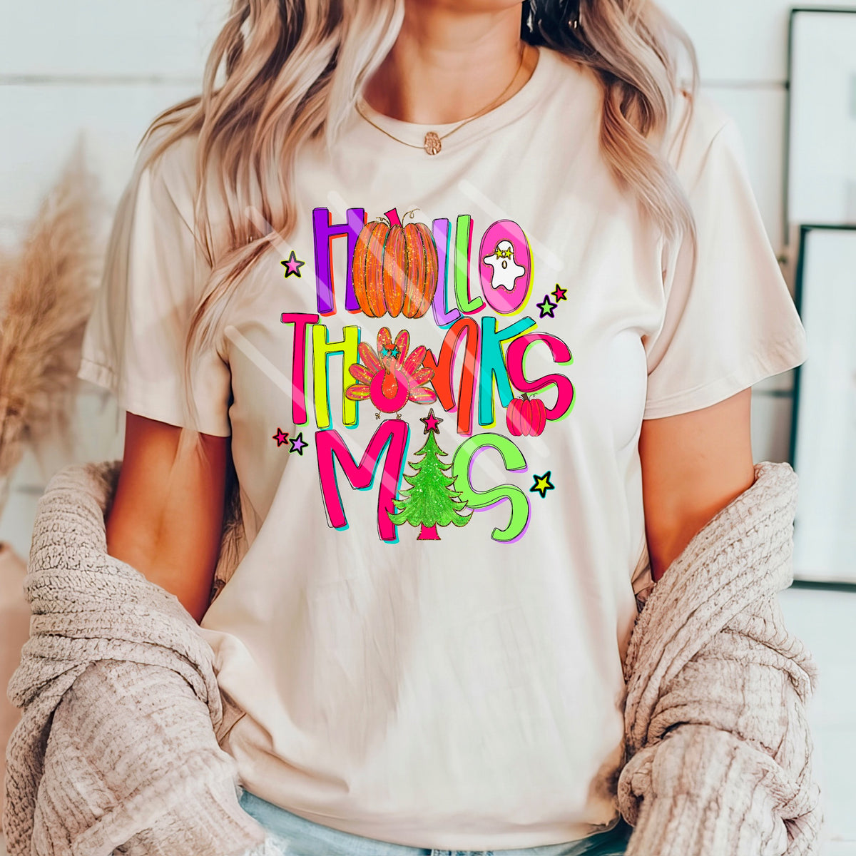 Hallothanksmas Neons pumpkin turkey tree 110542 DTF transfer