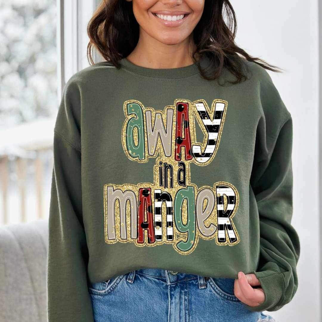 Away in a manger  Christmas colors and glittery 17174 DTF TRANSFER